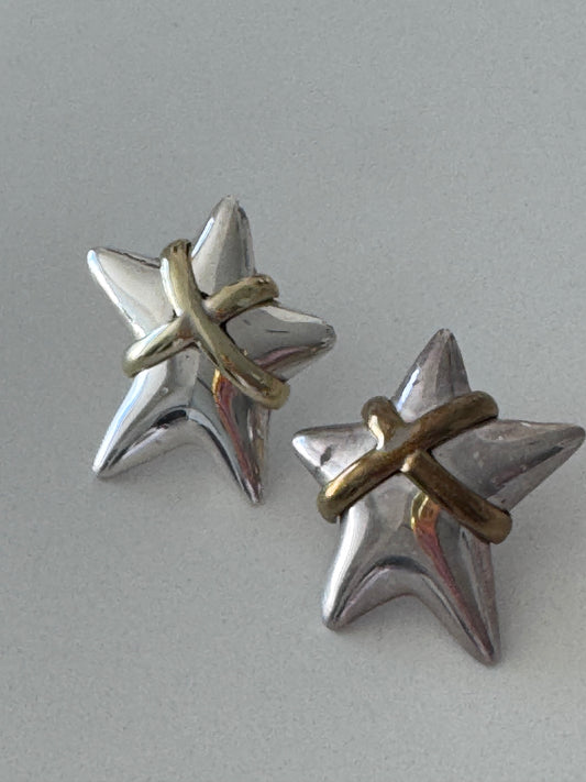 Vintage Mexico Sterling Silver Two-Tone Puffy Star Earrings 1990s Taxco Style Bold and Heavy at 13.89g