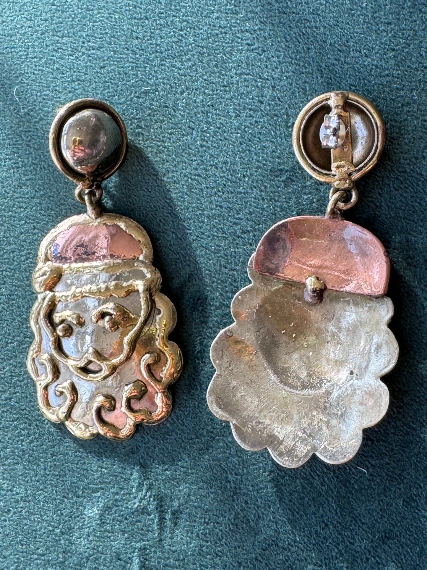 Vintage Mexican Tri Tone Santa Claus Brooch Pendant Earrings Set Hecho en Mexico