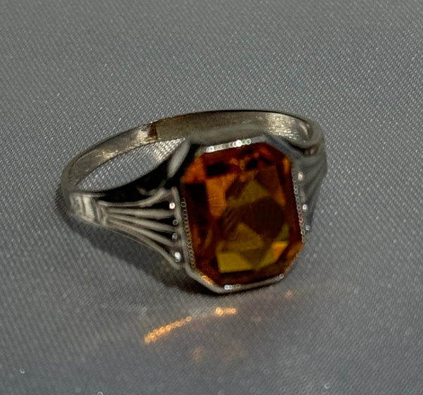 10K white gold ring with octagonal cut citrine stone featuring Art Deco geometric detailing