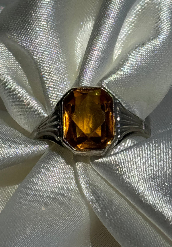 10K white gold ring with octagonal cut citrine stone featuring Art Deco geometric detailing