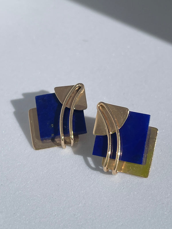 Estate 14K Gold Lapis Lazuli Stud Earrings with Gold Flakes - Fine Jewelry Post Earrings