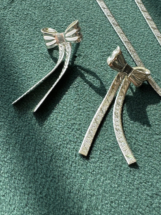Estate Vintage Italian Sterling Silver Bow Necklace and Bracelet Set Textured Chain