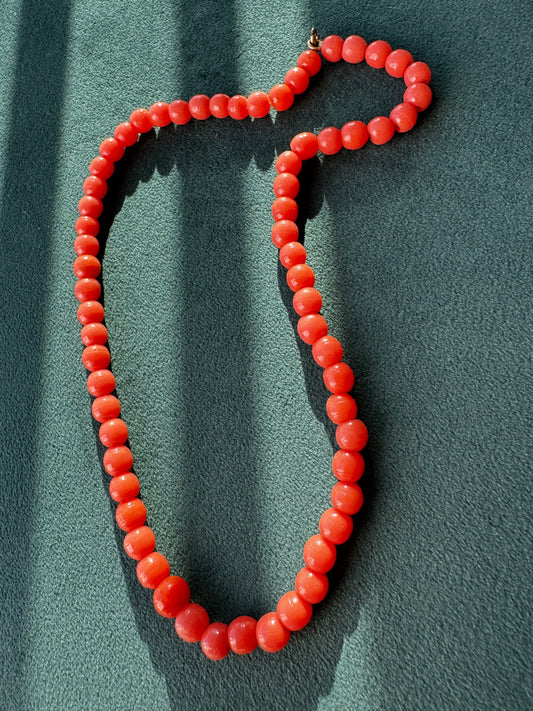 Vintage coral-colored uniform glass bead choker necklace, mid-century costume jewelry, 1950s-1960s style