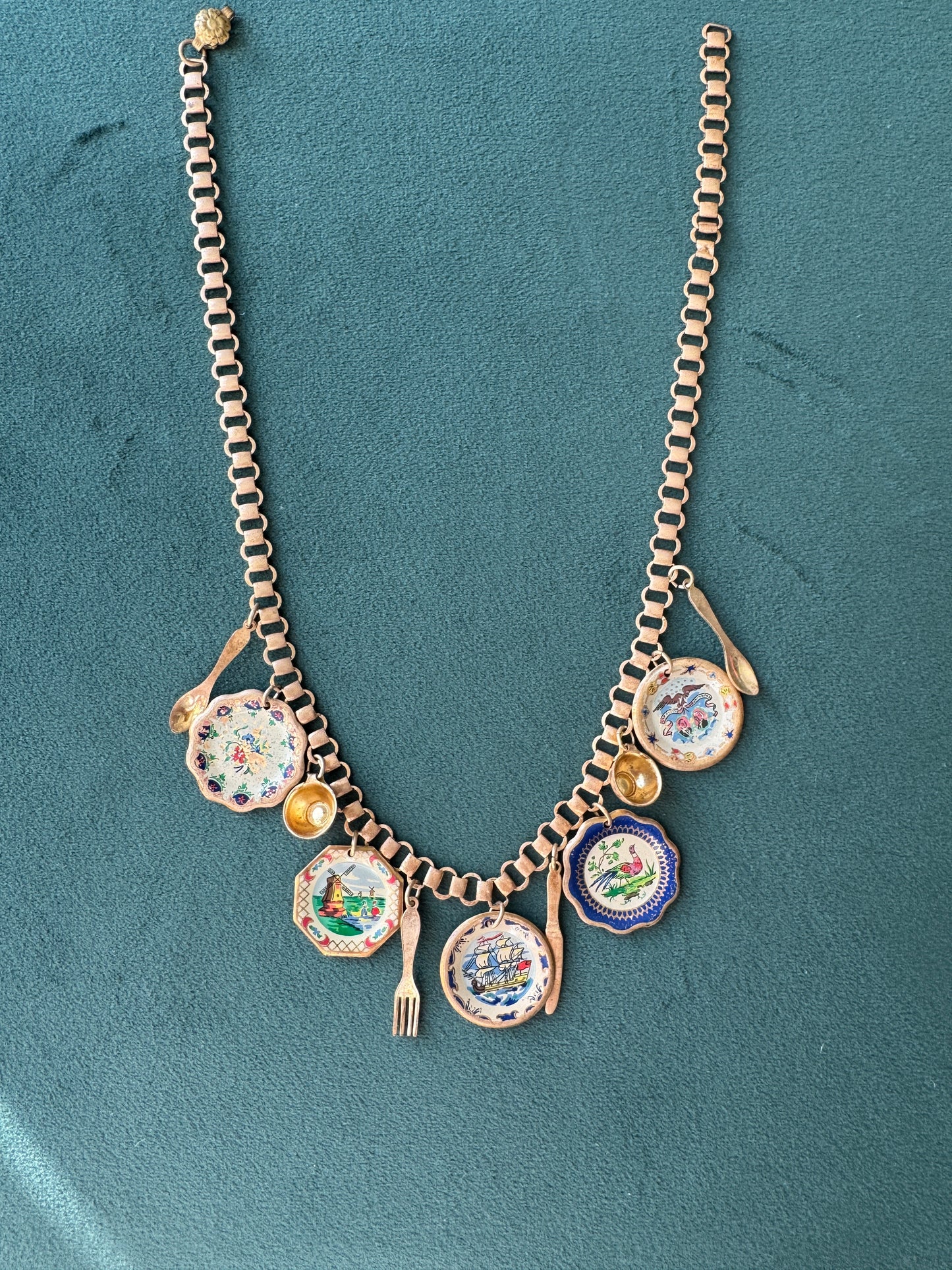 Vintage Gold Tone Book Chain Charm Necklace Miniature Enamel Plates Tall Ship Windmill Fork Spoon Whimsical Dinner Party at Sea