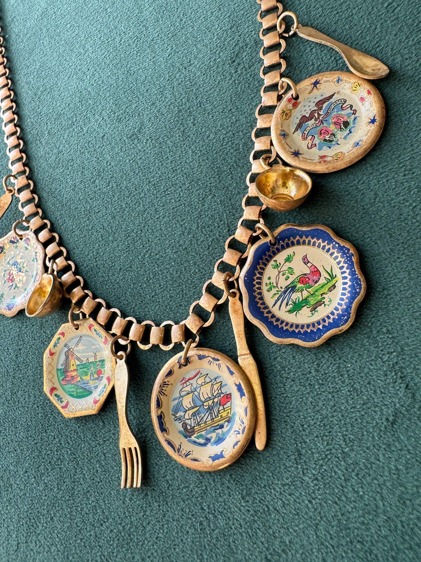 Vintage Gold Tone Book Chain Charm Necklace Miniature Enamel Plates Tall Ship Windmill Fork Spoon Whimsical Dinner Party at Sea