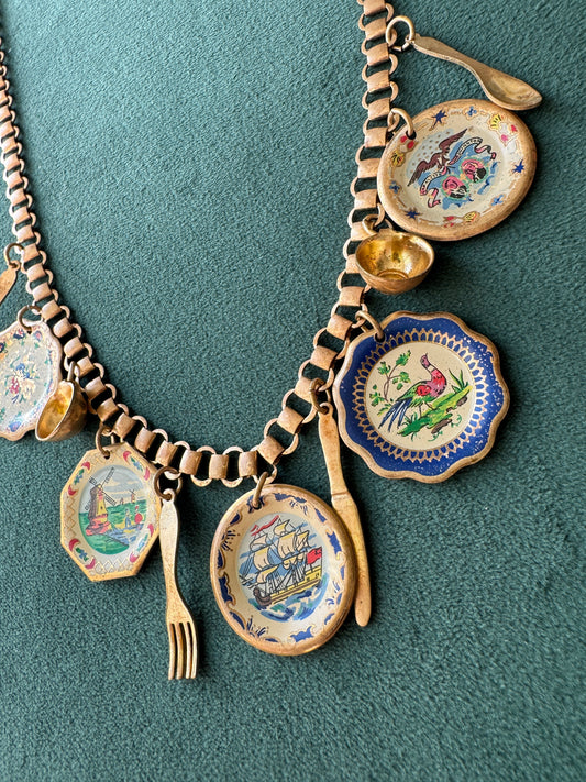 Vintage Gold Tone Book Chain Charm Necklace Miniature Enamel Plates Tall Ship Windmill Fork Spoon Whimsical Dinner Party at Sea