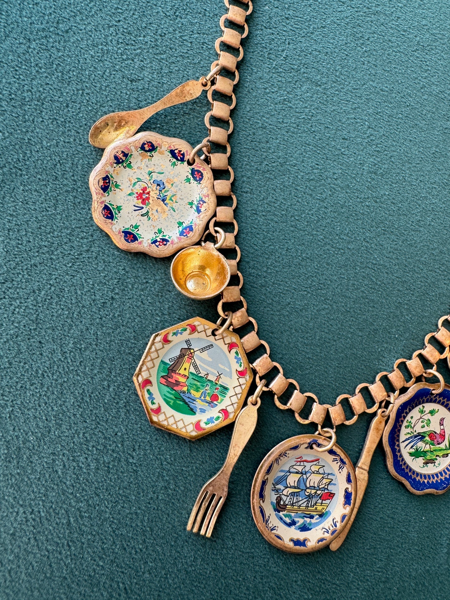 Vintage Gold Tone Book Chain Charm Necklace Miniature Enamel Plates Tall Ship Windmill Fork Spoon Whimsical Dinner Party at Sea