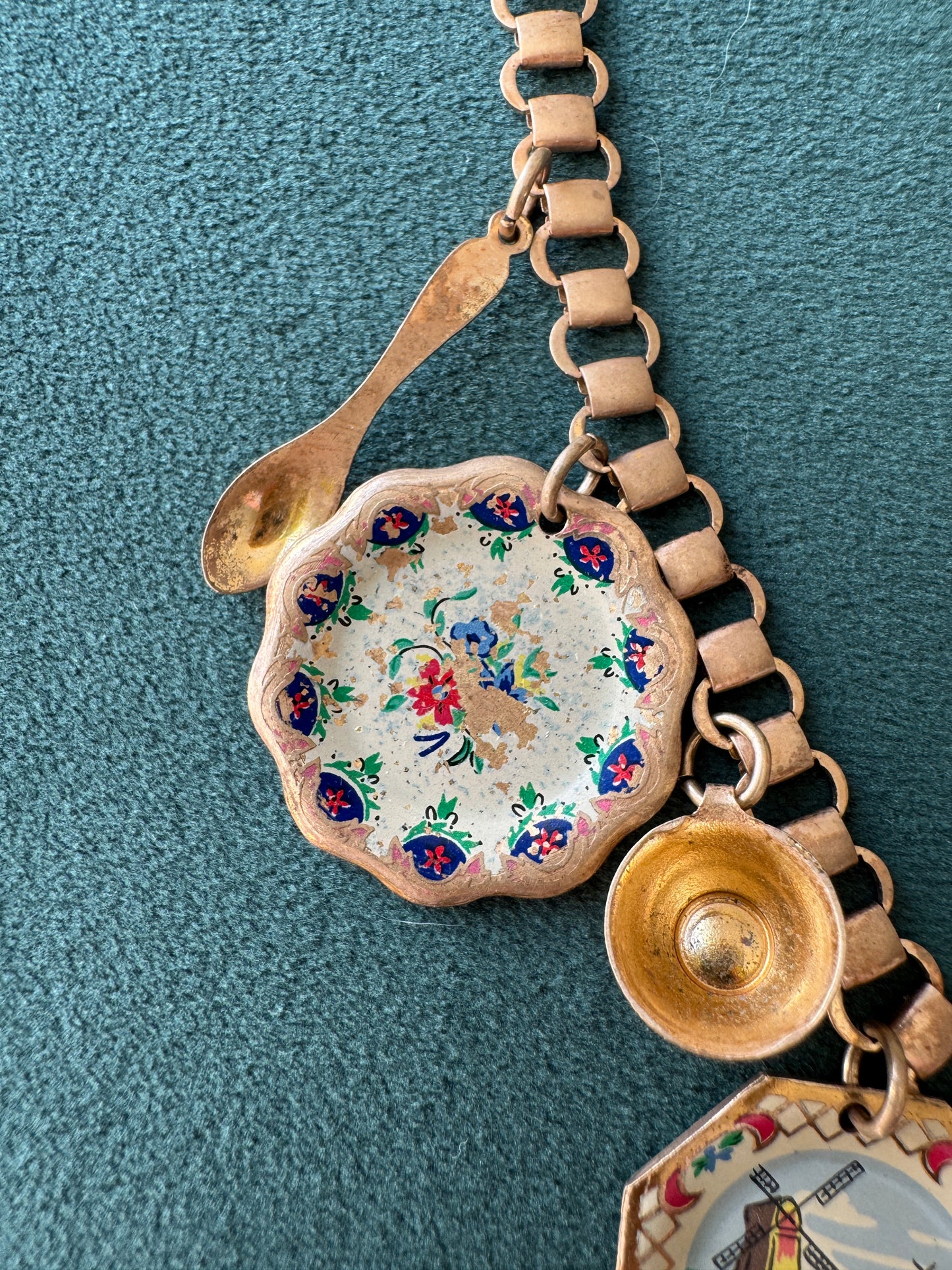 Vintage Gold Tone Book Chain Charm Necklace Miniature Enamel Plates Tall Ship Windmill Fork Spoon Whimsical Dinner Party at Sea