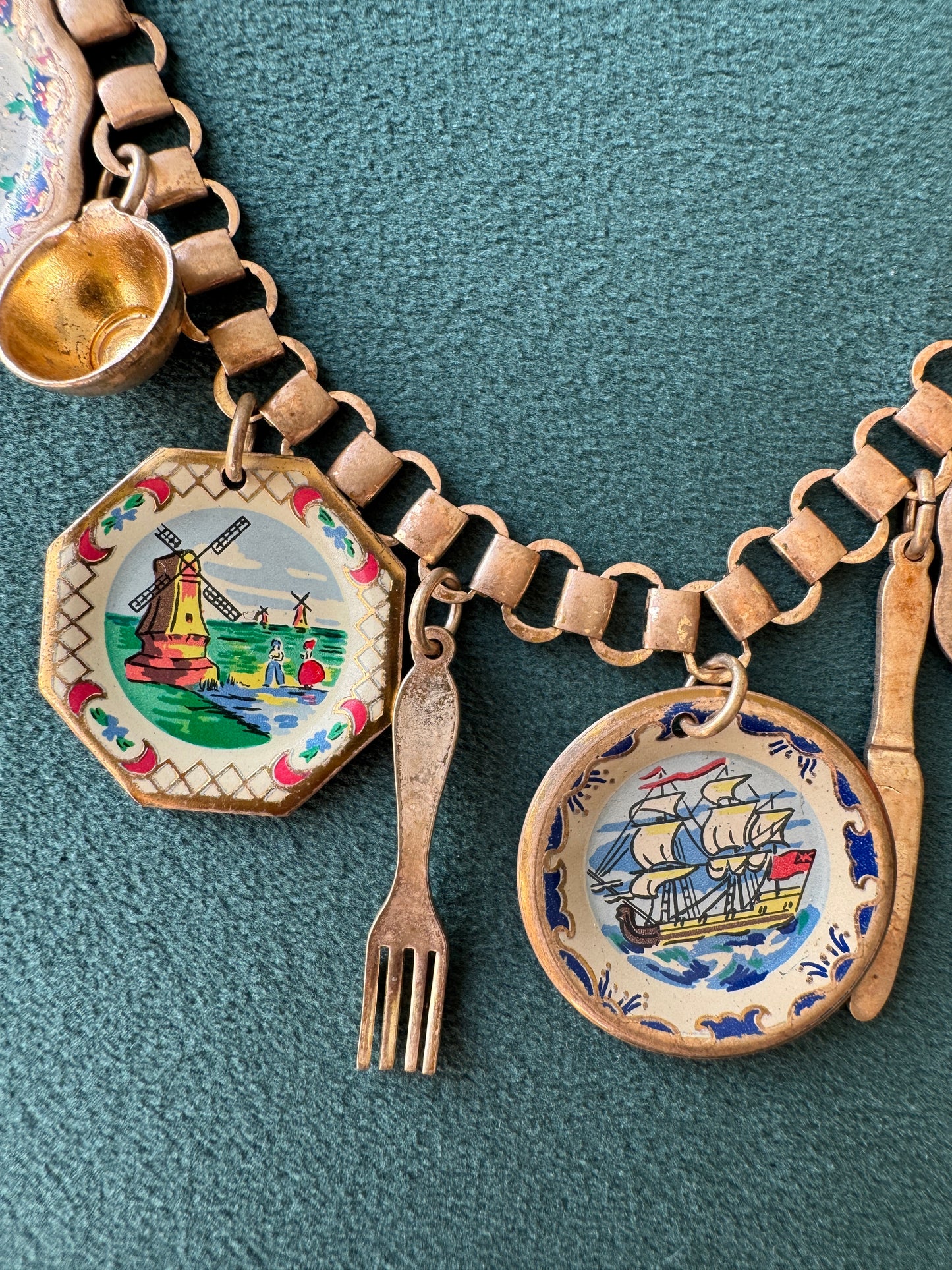 Vintage Gold Tone Book Chain Charm Necklace Miniature Enamel Plates Tall Ship Windmill Fork Spoon Whimsical Dinner Party at Sea