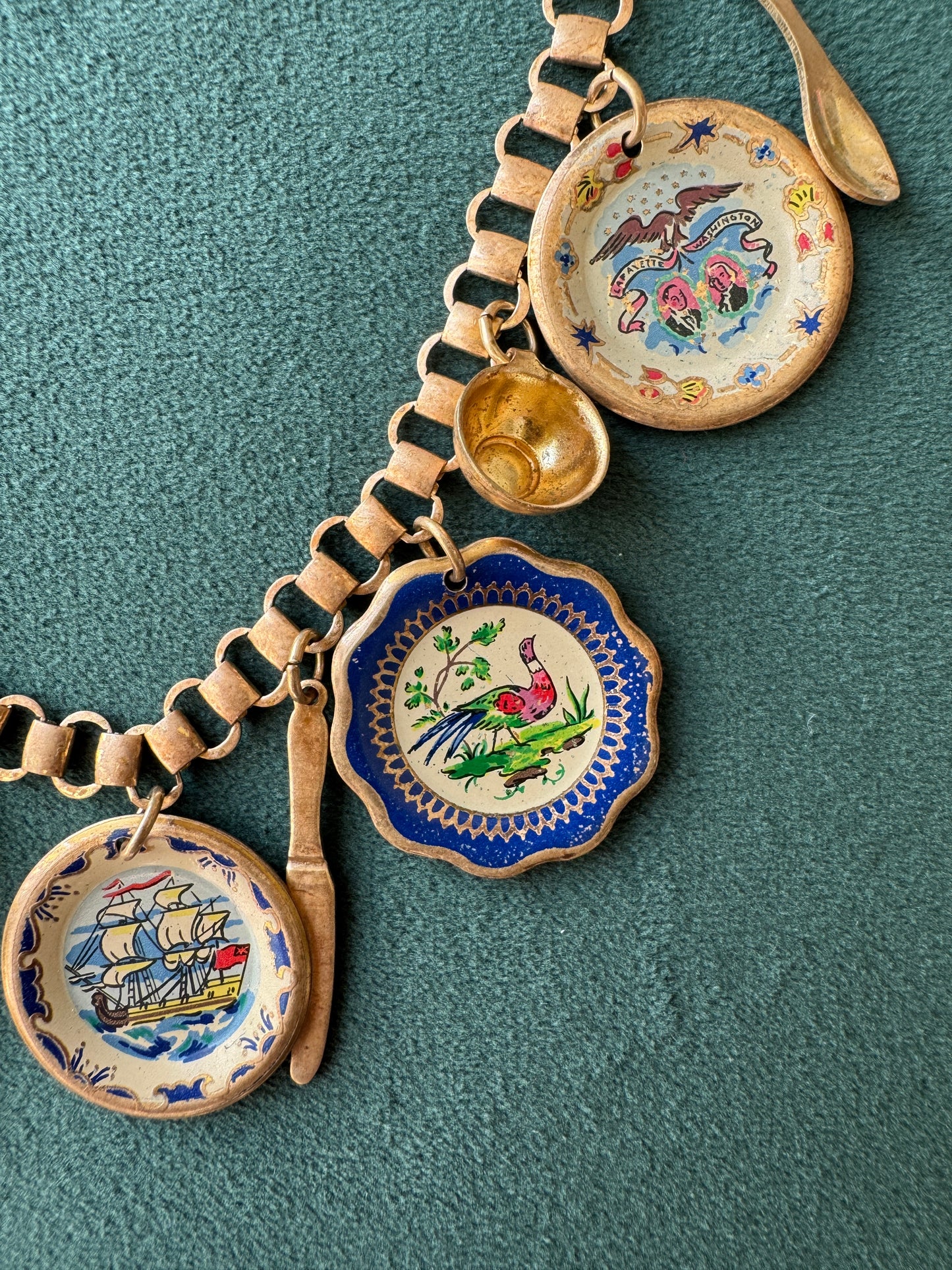 Vintage Gold Tone Book Chain Charm Necklace Miniature Enamel Plates Tall Ship Windmill Fork Spoon Whimsical Dinner Party at Sea