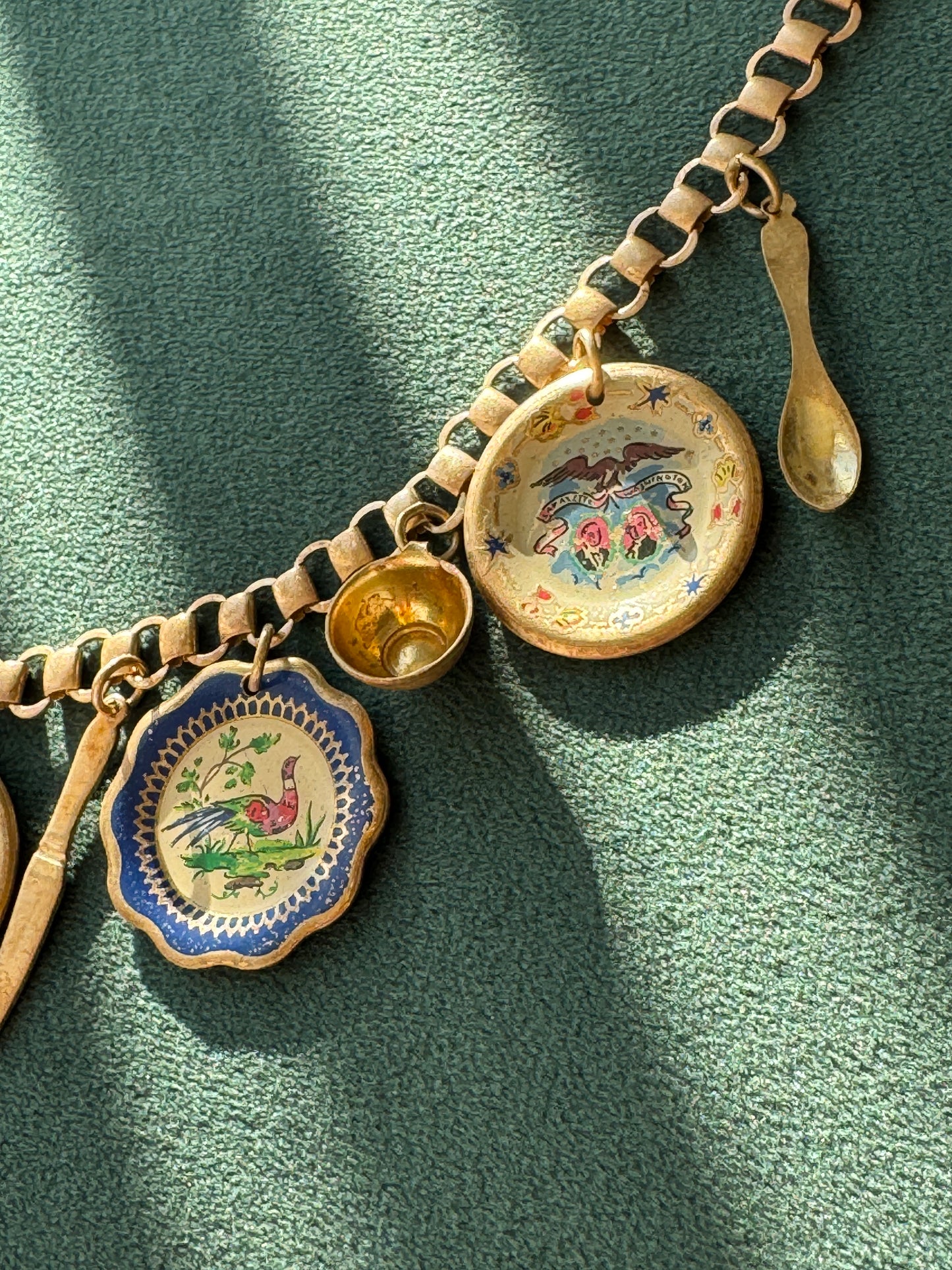 Vintage Gold Tone Book Chain Charm Necklace Miniature Enamel Plates Tall Ship Windmill Fork Spoon Whimsical Dinner Party at Sea