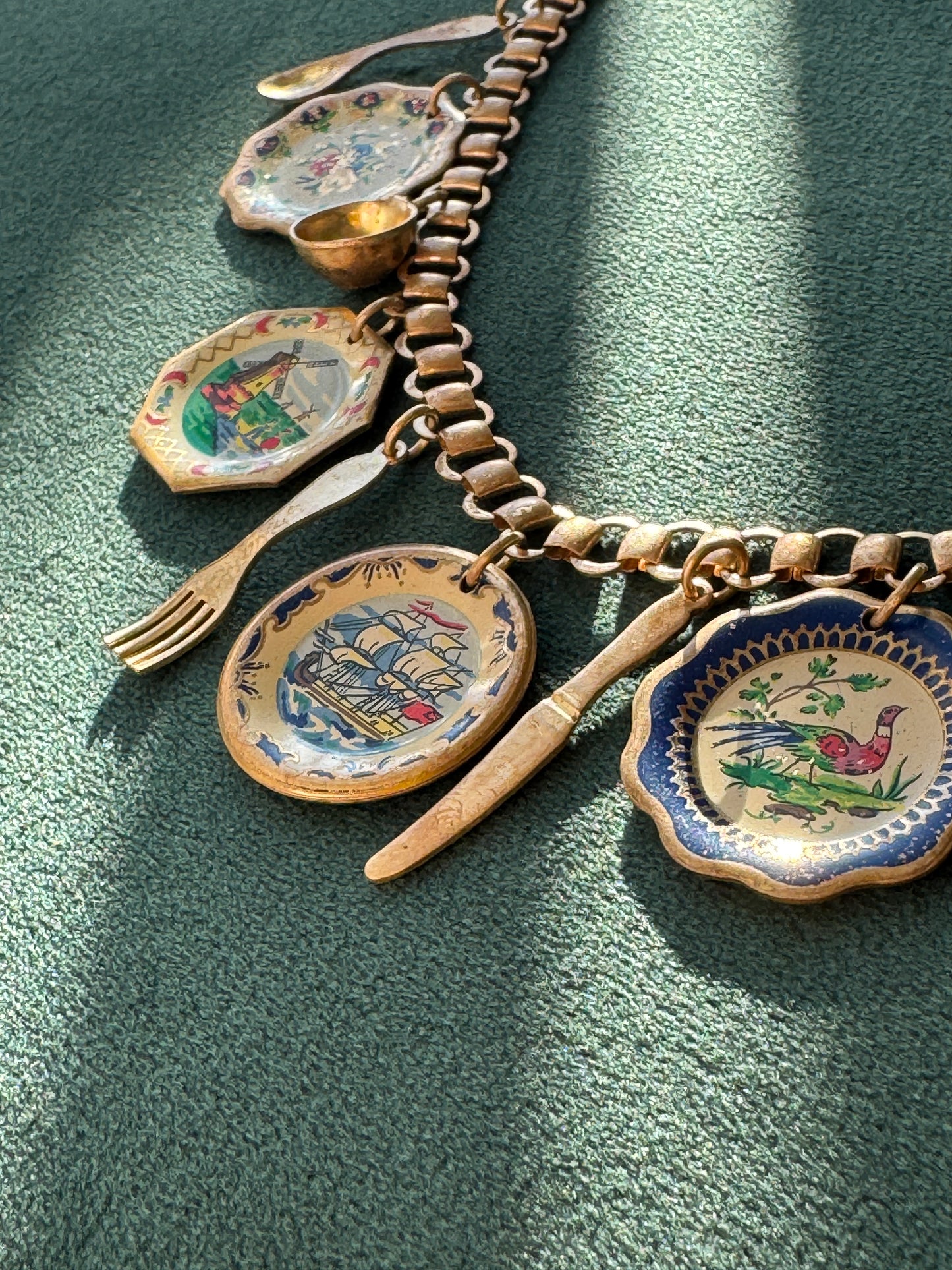 Vintage Gold Tone Book Chain Charm Necklace Miniature Enamel Plates Tall Ship Windmill Fork Spoon Whimsical Dinner Party at Sea
