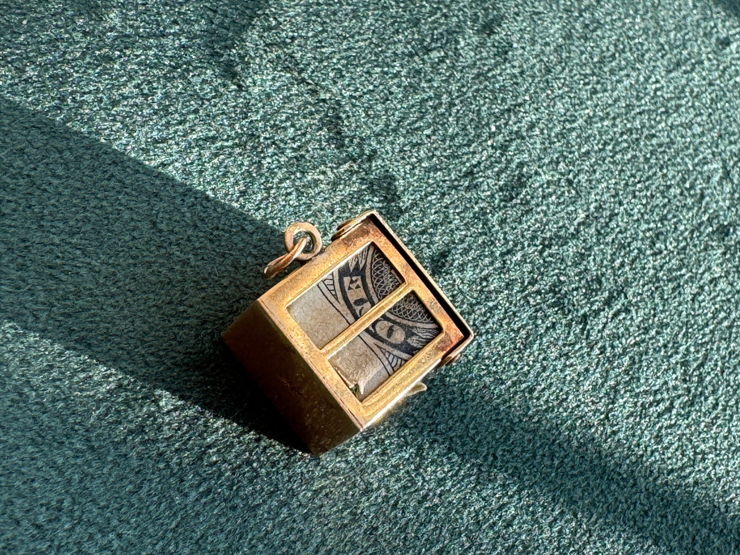Vintage 14K Gold Mad Money Box Charm Pendant Opens to Reveal Real Dollar Bill Emergency Fund You Can Wear