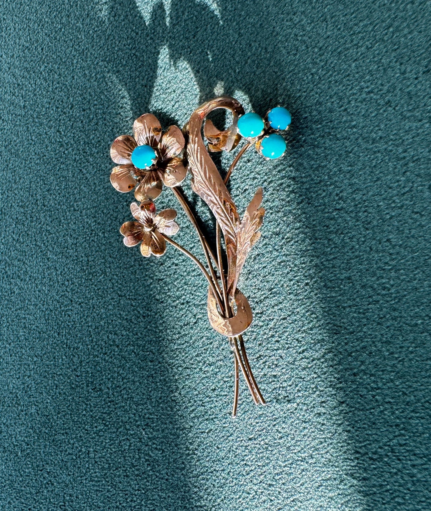 Estate Vintage 1940s Rose Gold Floral Bouquet Brooch Turquoise Cabochons
