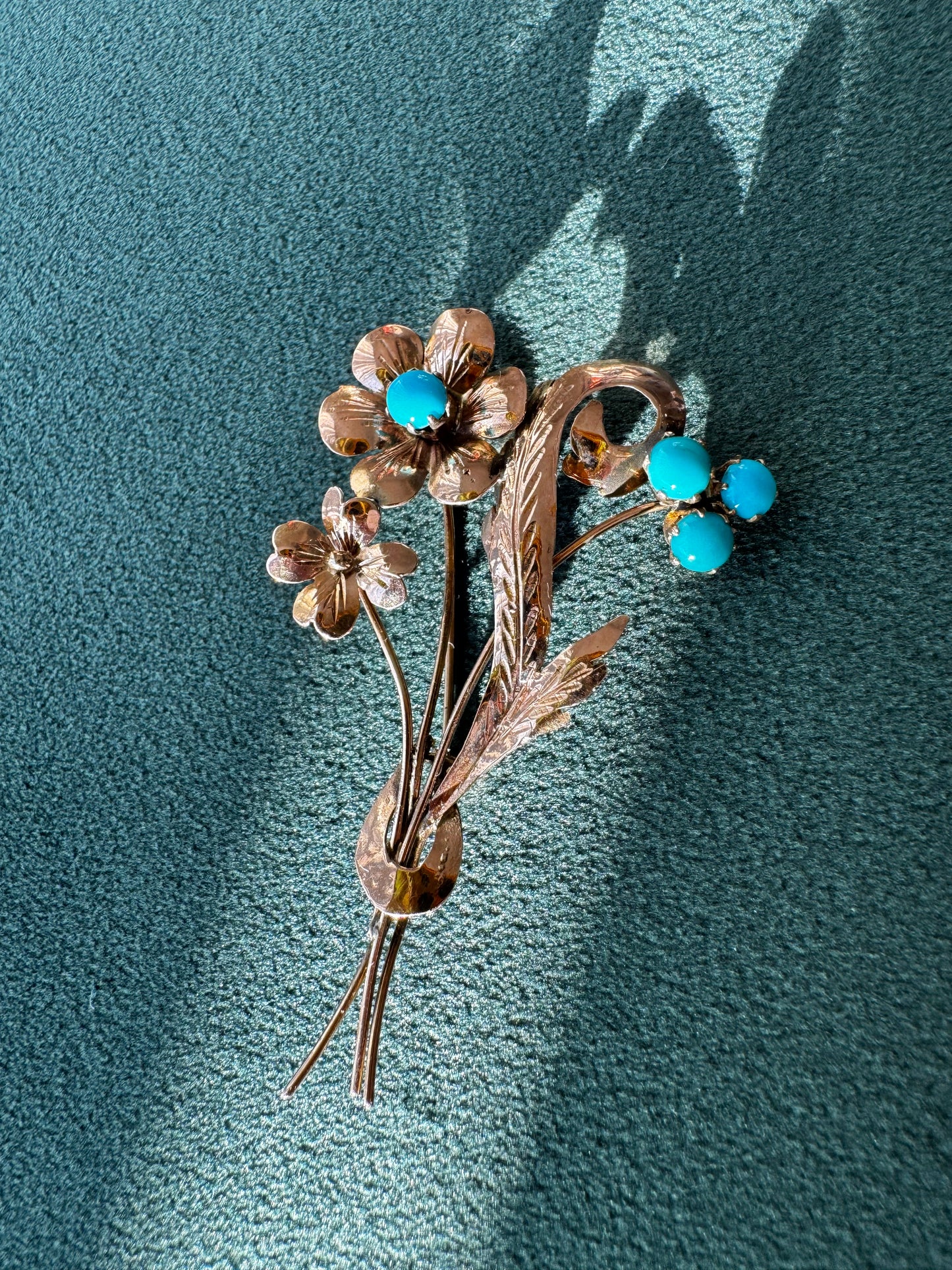 Estate Vintage 1940s Rose Gold Floral Bouquet Brooch Turquoise Cabochons