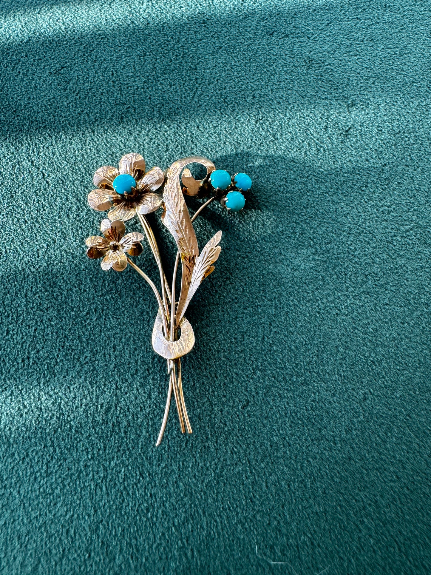 Estate Vintage 1940s Rose Gold Floral Bouquet Brooch Turquoise Cabochons