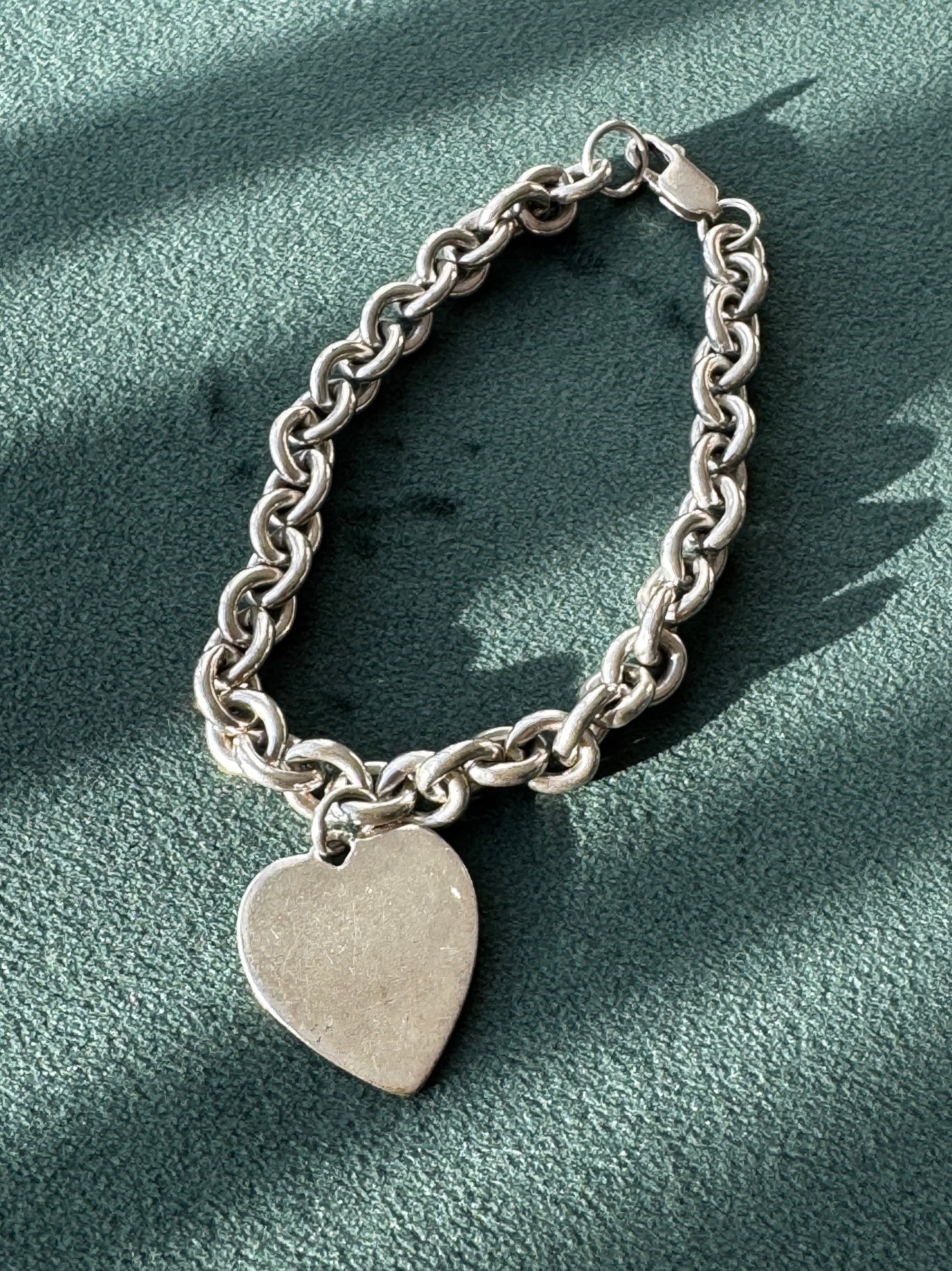 Doskow sterling silver rope chain bracelet with blank heart tag charm, 35 grams