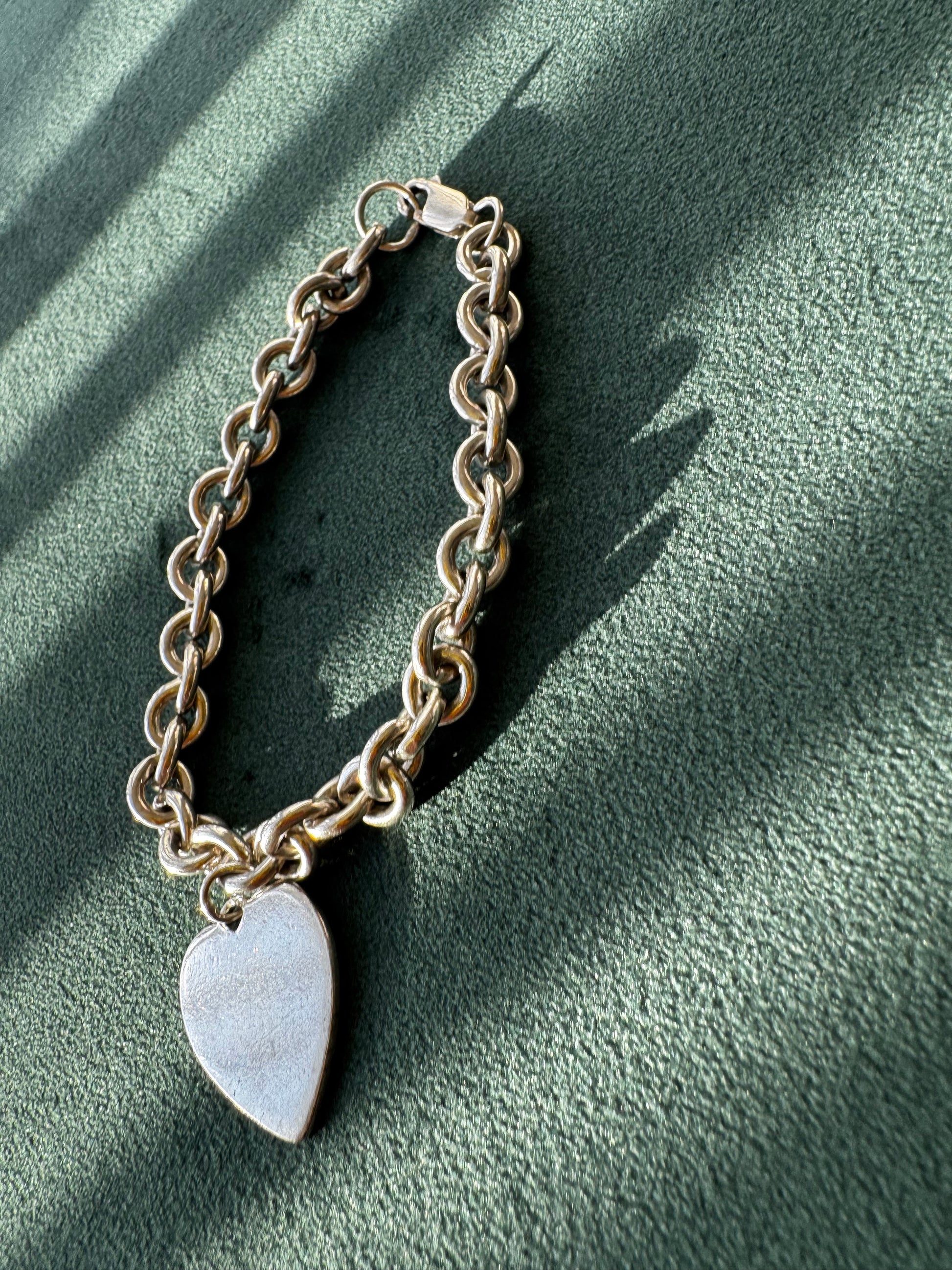Doskow sterling silver rope chain bracelet with blank heart tag charm, 35 grams
