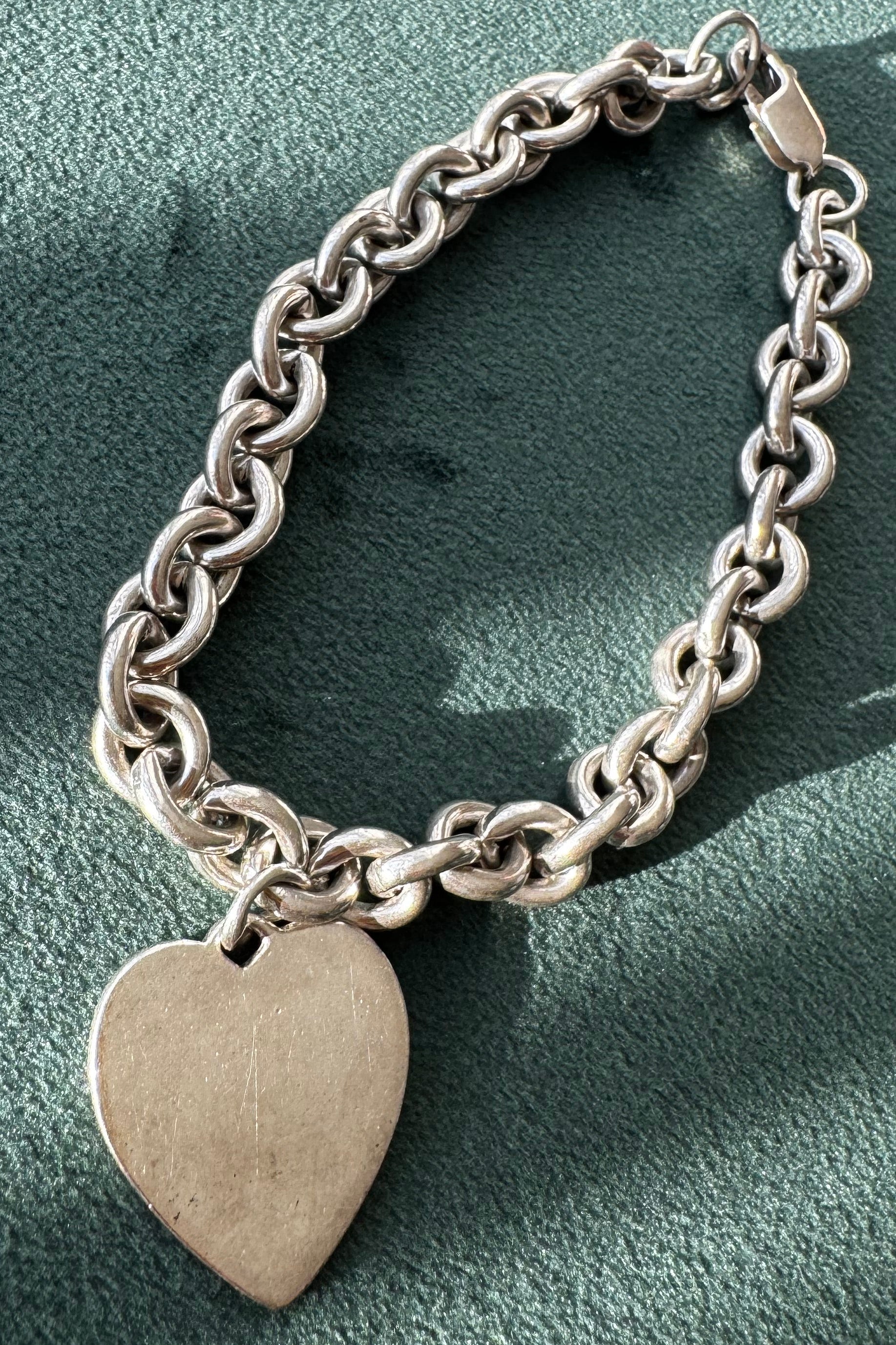 Doskow sterling silver rope chain bracelet with blank heart tag charm, 35 grams
