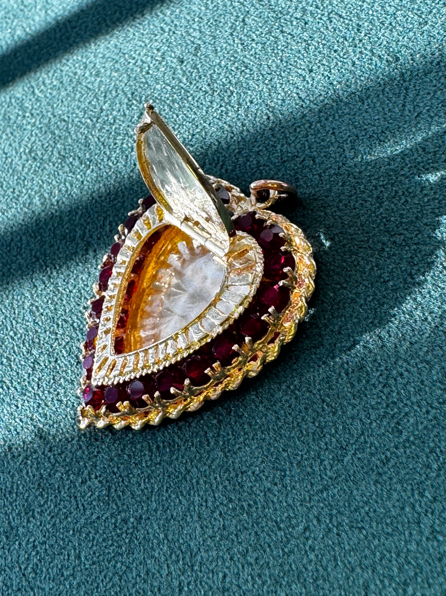 Mid-Century 14K Gold and Garnet Heart Locket with Secret Compartment