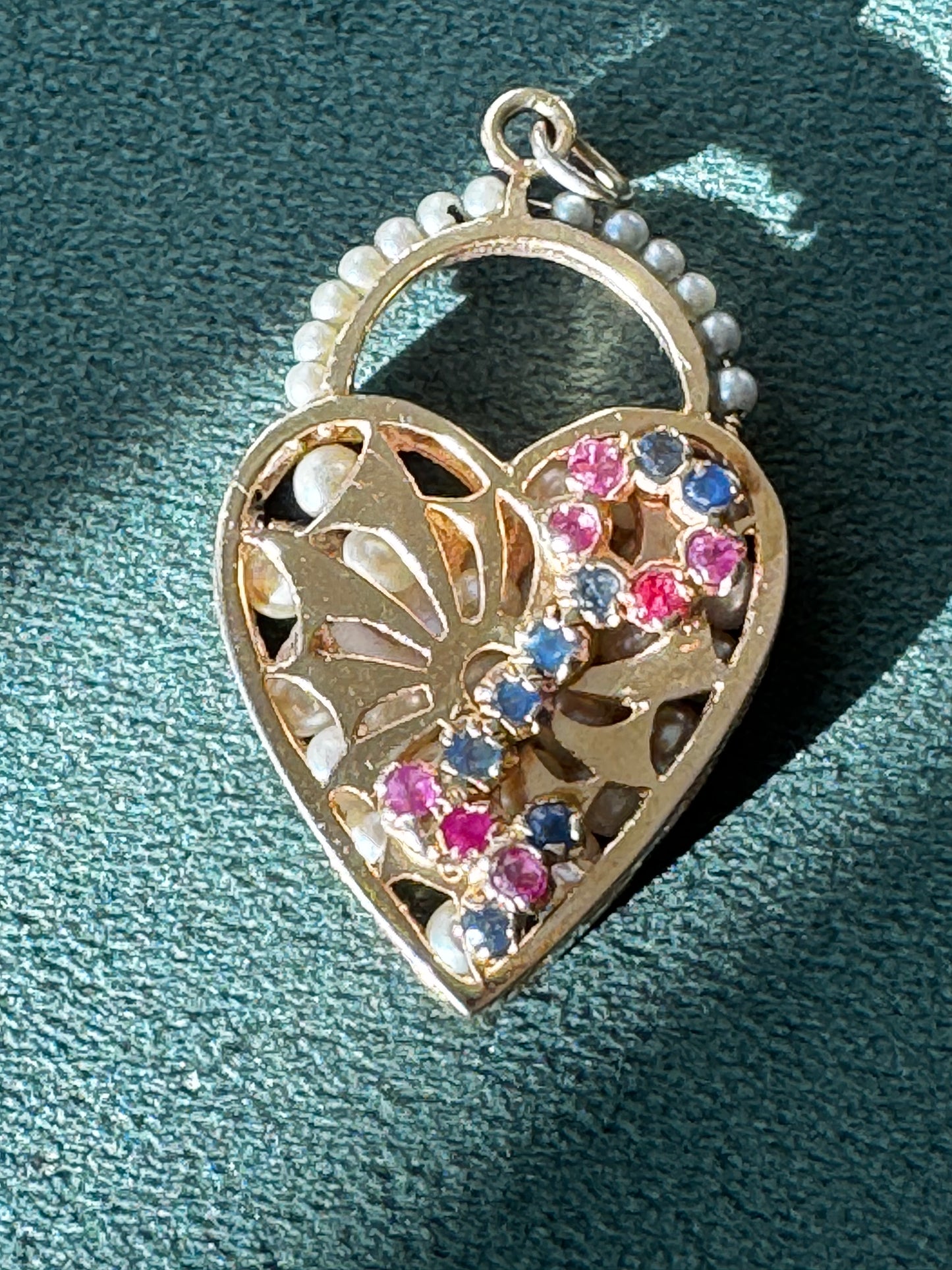 Estate Mid Century 14K Gold Key and Heart Charm Pendant Ruby Sapphire Seed Pearls and Rattling Pearl Interior