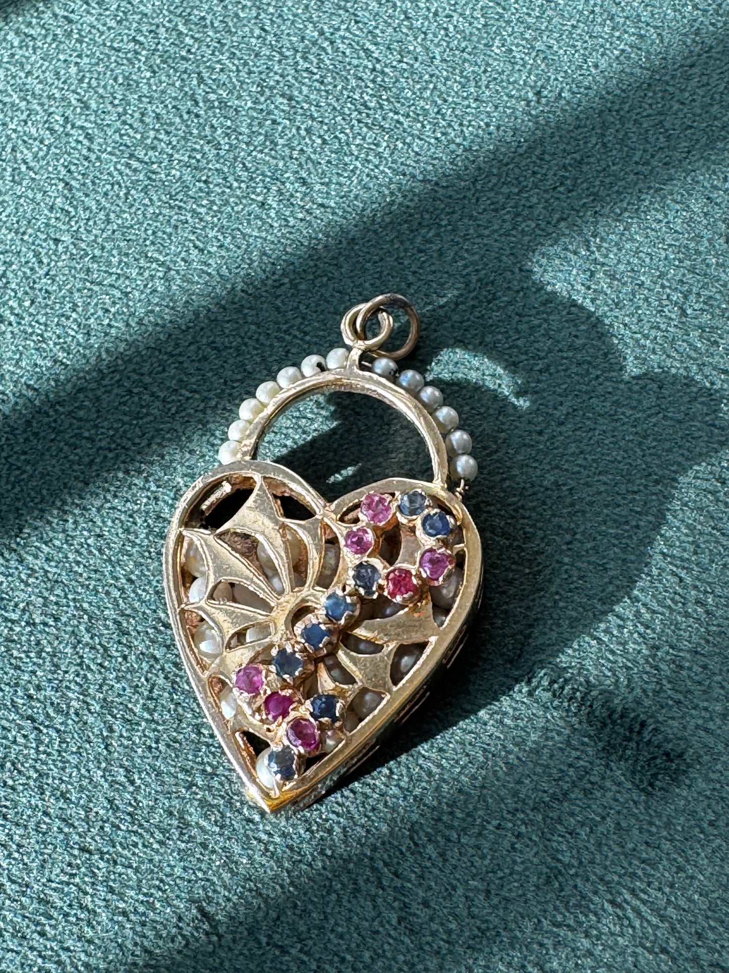 Estate Mid Century 14K Gold Key and Heart Charm Pendant Ruby Sapphire Seed Pearls and Rattling Pearl Interior