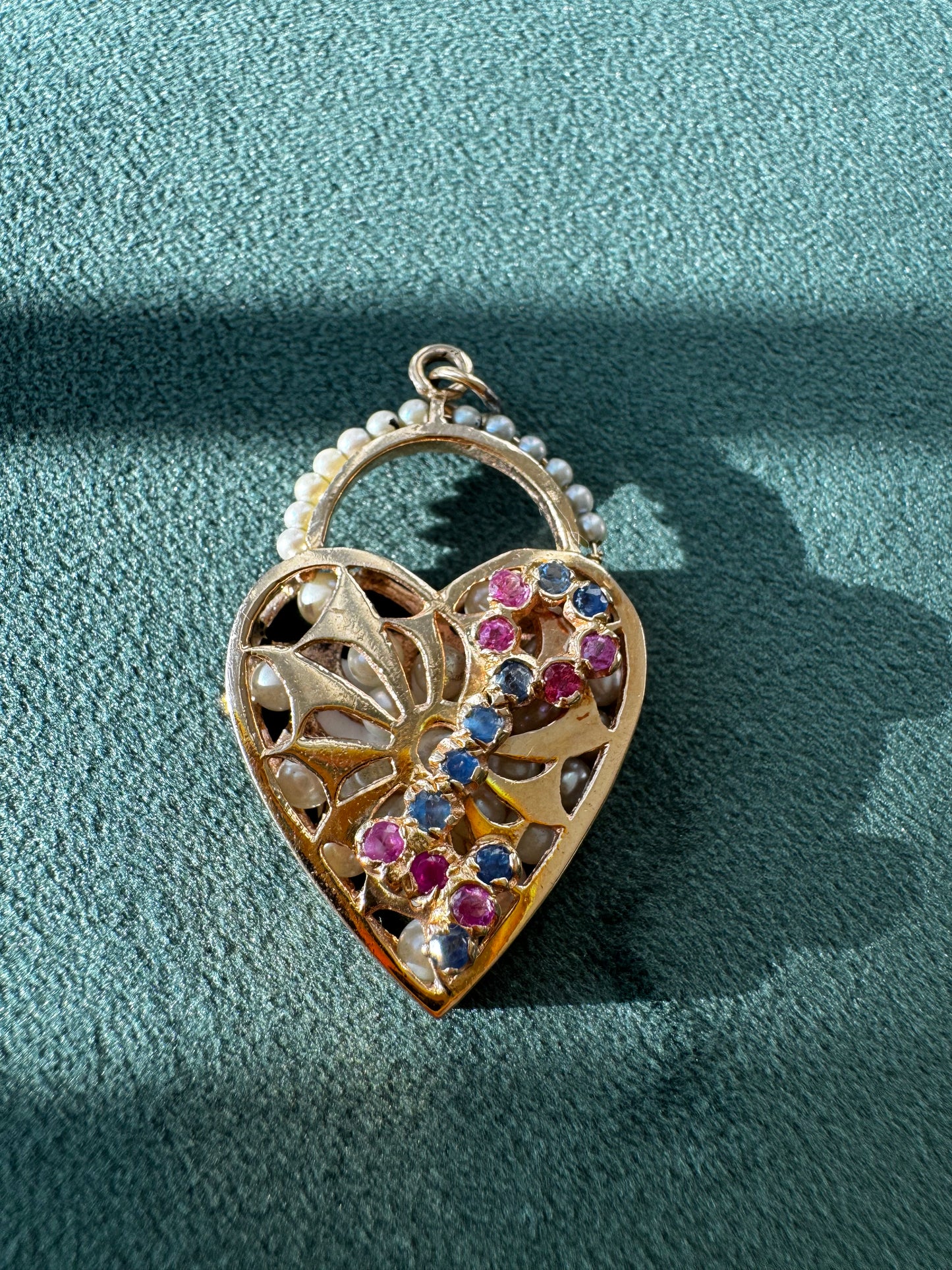 Estate Mid Century 14K Gold Key and Heart Charm Pendant Ruby Sapphire Seed Pearls and Rattling Pearl Interior
