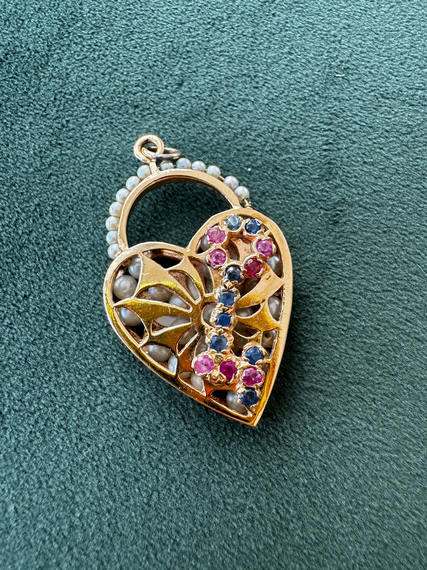 Estate Mid Century 14K Gold Key and Heart Charm Pendant Ruby Sapphire Seed Pearls and Rattling Pearl Interior