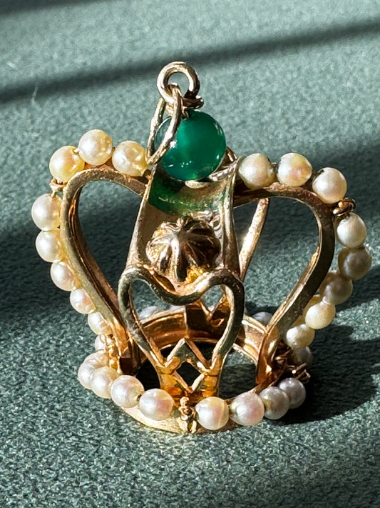 Mid Century Vintage 14K Gold Crown Pendant Natural Jade Pearl Accents Royal Design