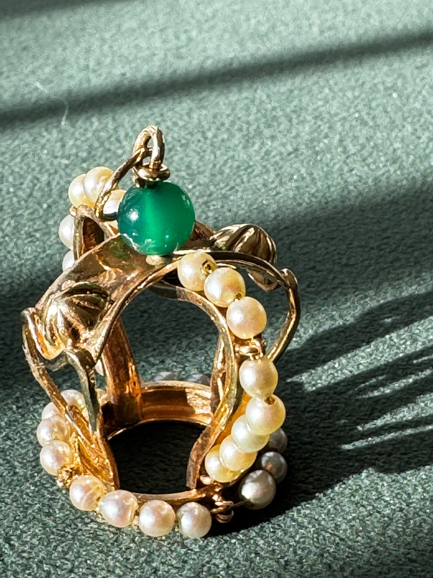Mid Century Vintage 14K Gold Crown Pendant Natural Jade Pearl Accents Royal Design