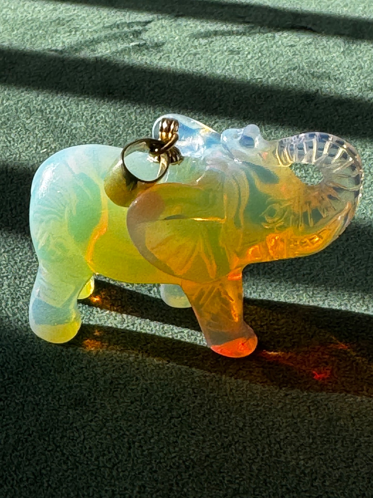 Estate Large Hand Carved Opal Elephant Pendant 14K Gold Good Luck Charm