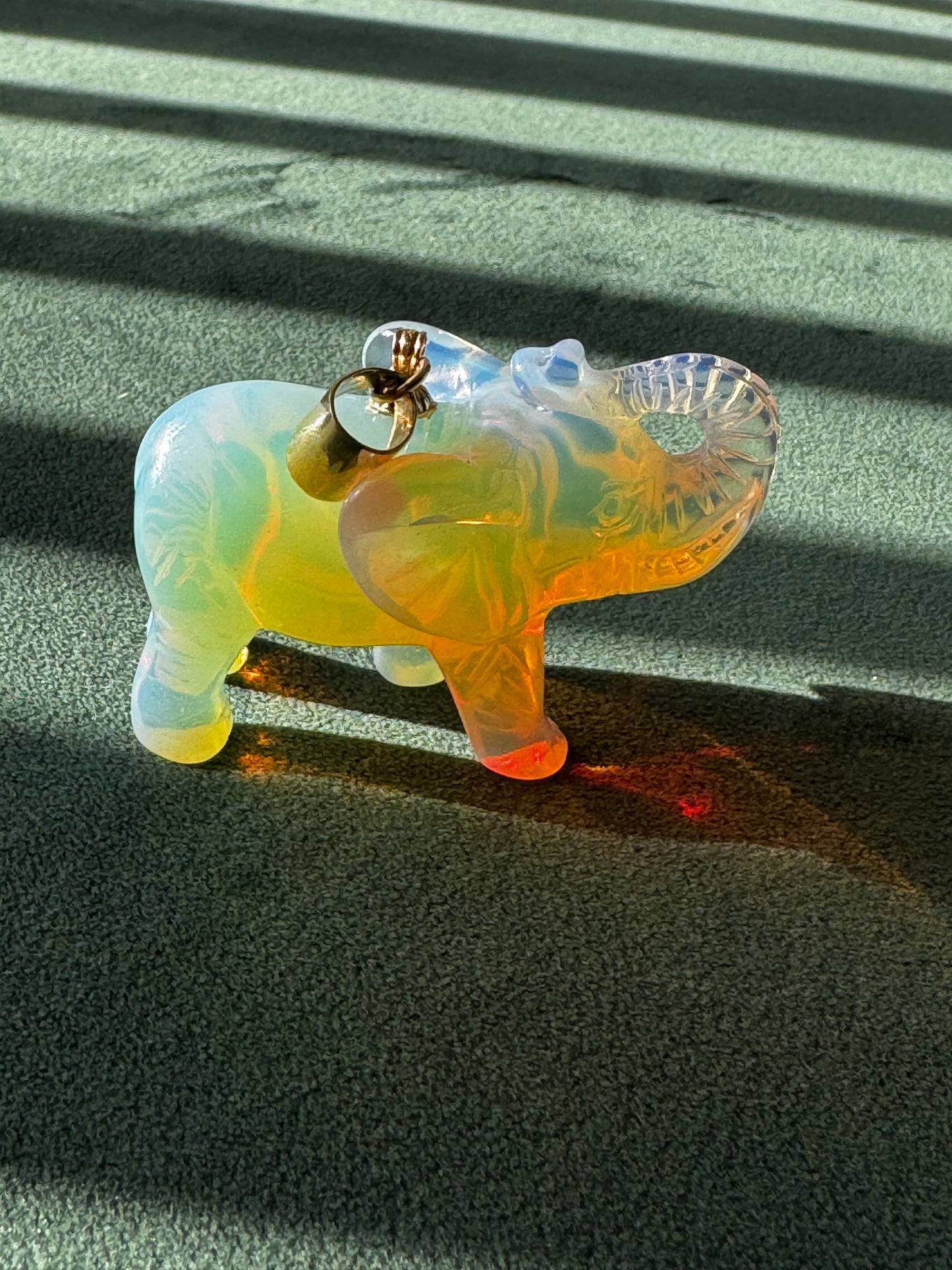 Estate Large Hand Carved Opal Elephant Pendant 14K Gold Good Luck Charm