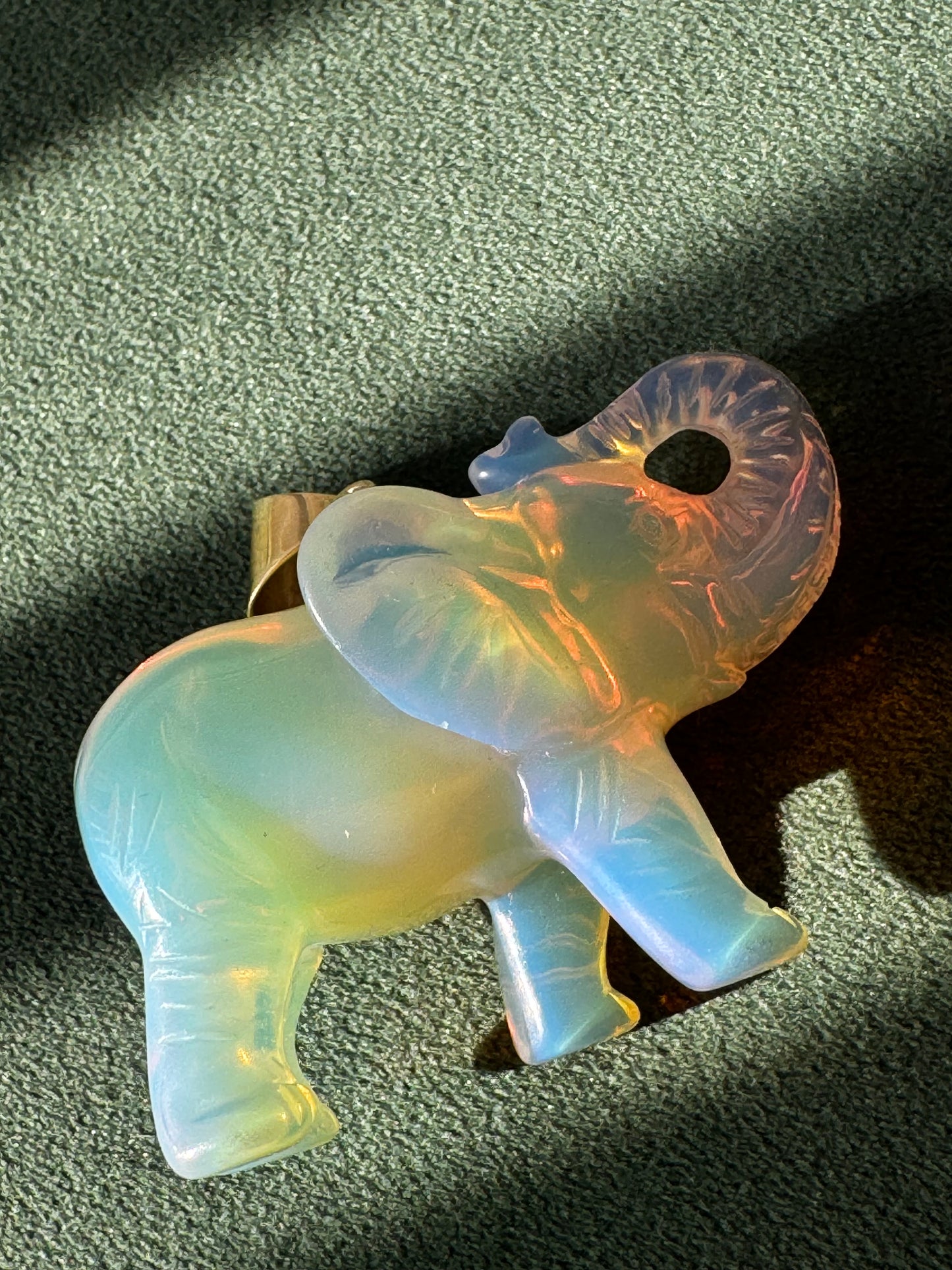 Estate Large Hand Carved Opal Elephant Pendant 14K Gold Good Luck Charm