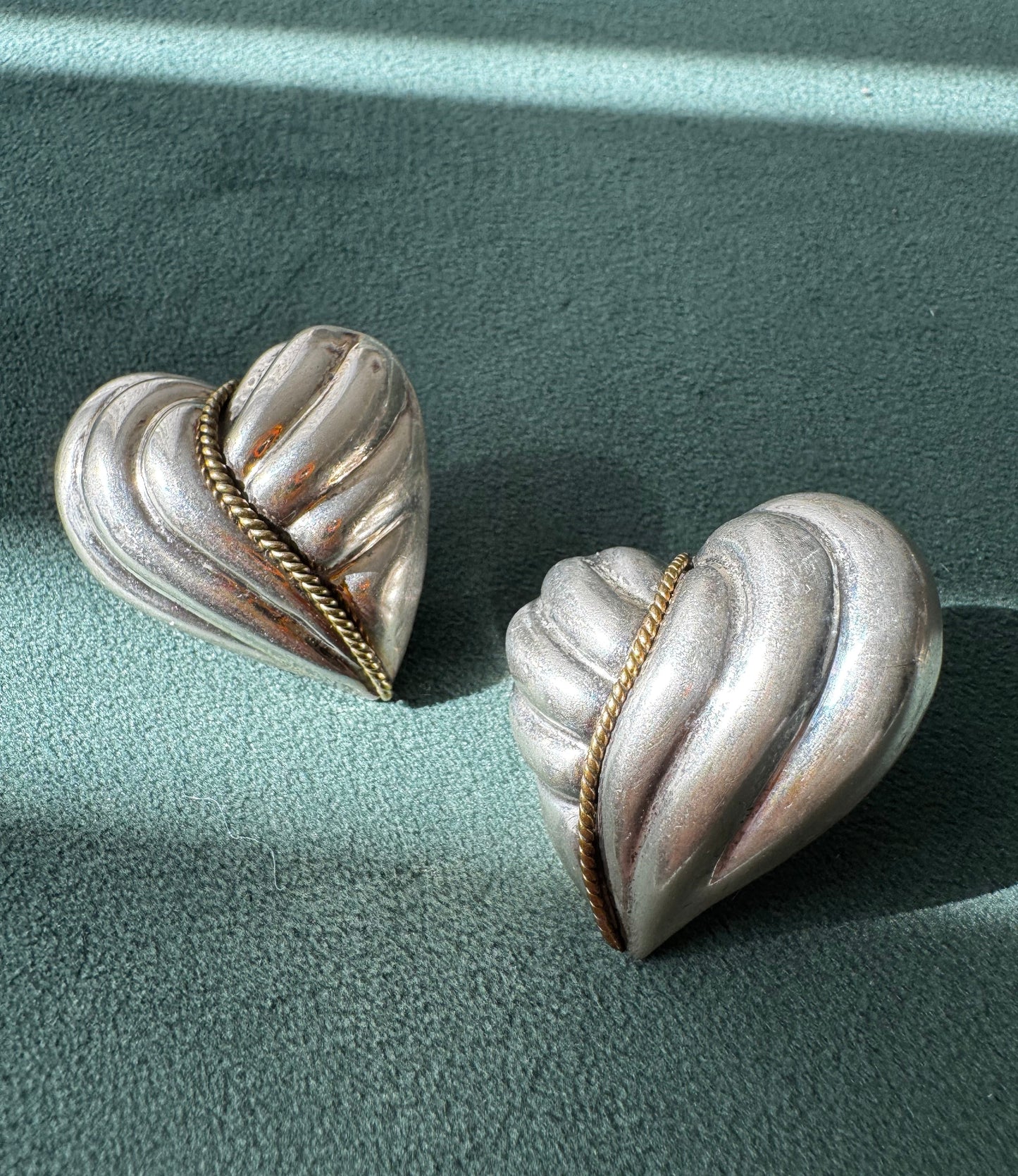 Estate Vintage Taxco Laton Sterling Silver Puffy Heart Earrings Y2K with Brass Rope Twist Accent