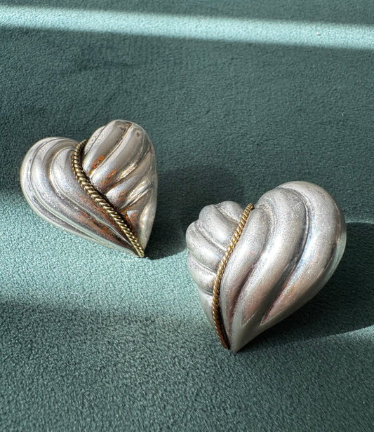 Estate Vintage Taxco Laton Sterling Silver Puffy Heart Earrings Y2K with Brass Rope Twist Accent