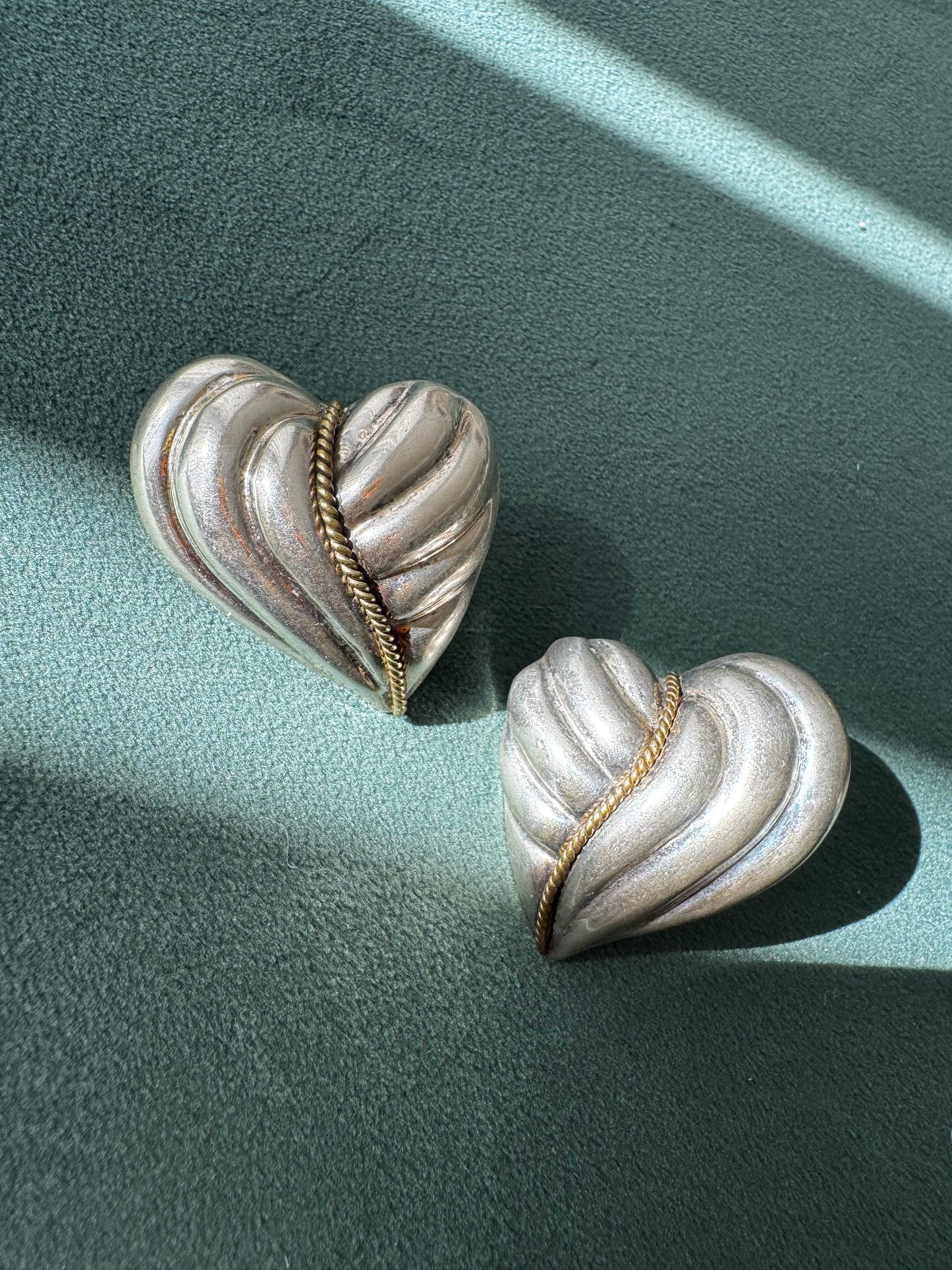 Estate Vintage Taxco Laton Sterling Silver Puffy Heart Earrings Y2K with Brass Rope Twist Accent