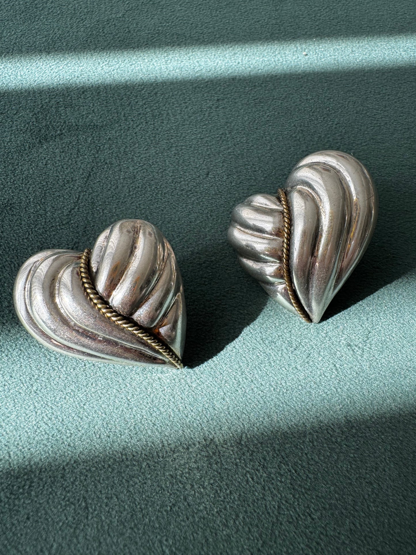 Estate Vintage Taxco Laton Sterling Silver Puffy Heart Earrings Y2K with Brass Rope Twist Accent