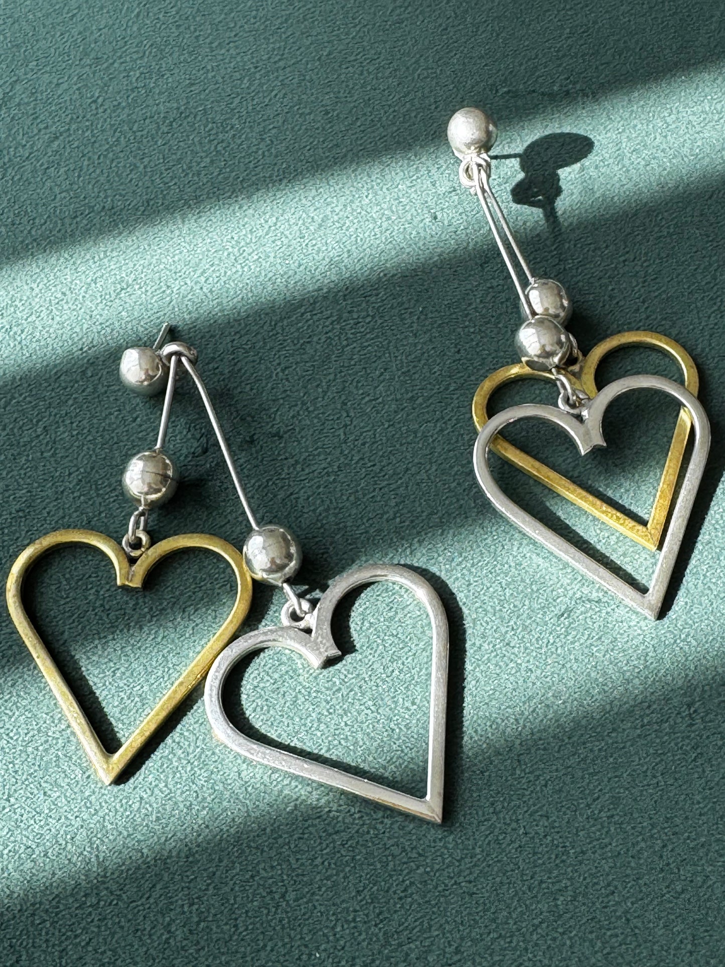 Vintage Estate Sterling Silver Taxco Mexico Heart Dangle Earrings Y2K Modernist Statement