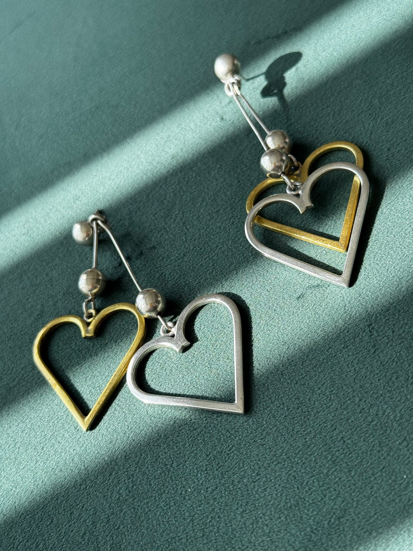 Vintage Estate Sterling Silver Taxco Mexico Heart Dangle Earrings Y2K Modernist Statement