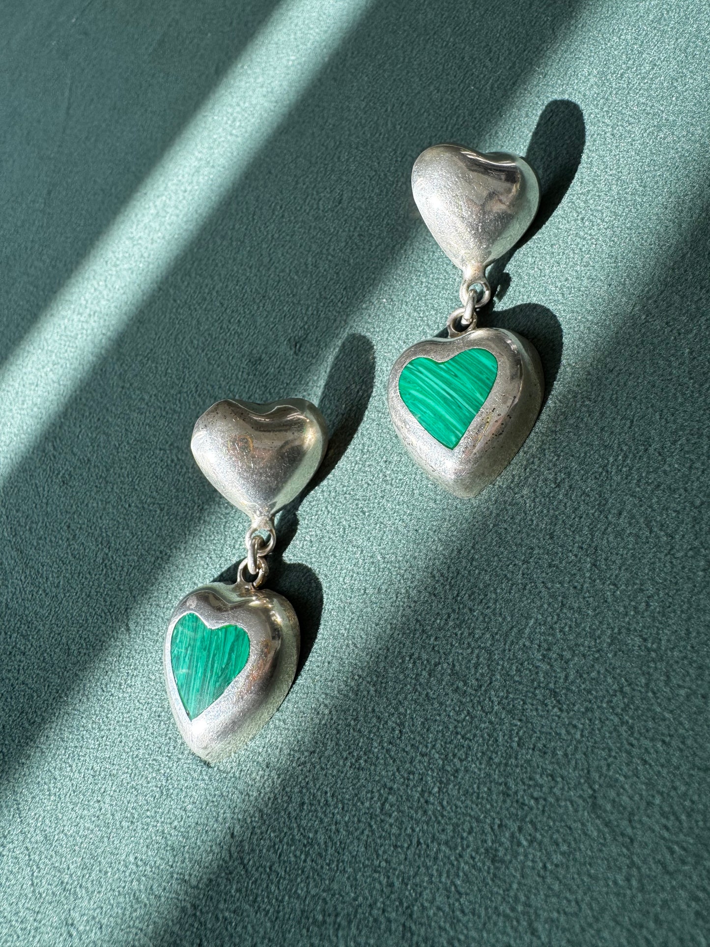 Estate Vintage Sterling Silver Malachite Heart Drop Earrings Two Hearts Are Better Than One