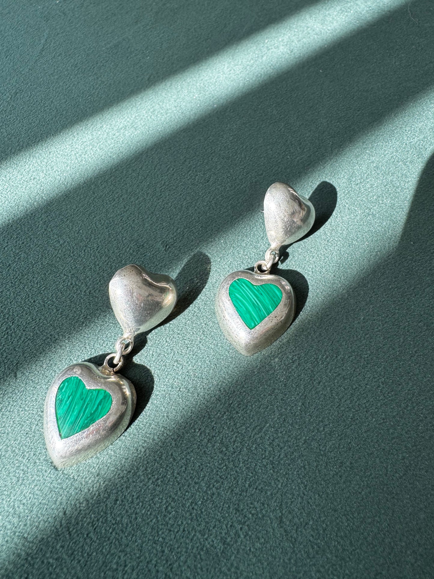 Estate Vintage Sterling Silver Malachite Heart Drop Earrings Two Hearts Are Better Than One