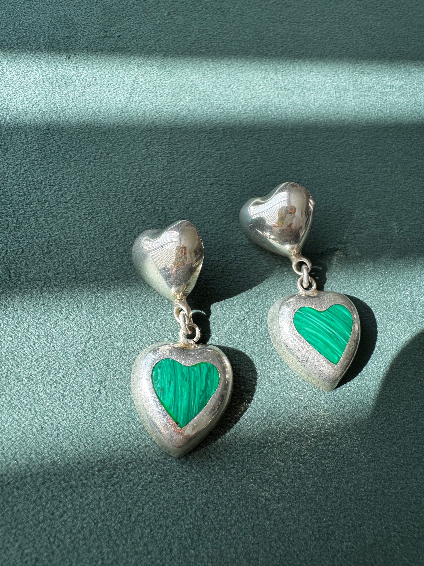 Estate Vintage Sterling Silver Malachite Heart Drop Earrings Two Hearts Are Better Than One
