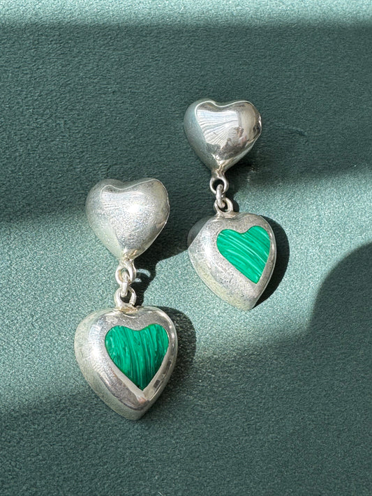 Estate Vintage Sterling Silver Malachite Heart Drop Earrings Two Hearts Are Better Than One