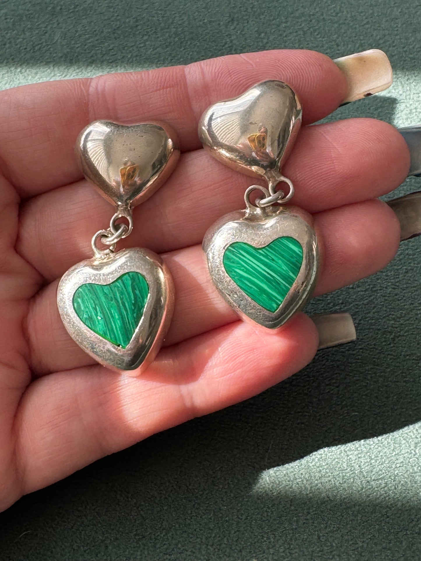 Estate Vintage Sterling Silver Malachite Heart Drop Earrings Two Hearts Are Better Than One