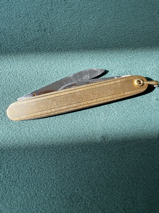 Working Vintage Pocket Knife Pendant - 10K Gold Steel Blade Functional Jewelry