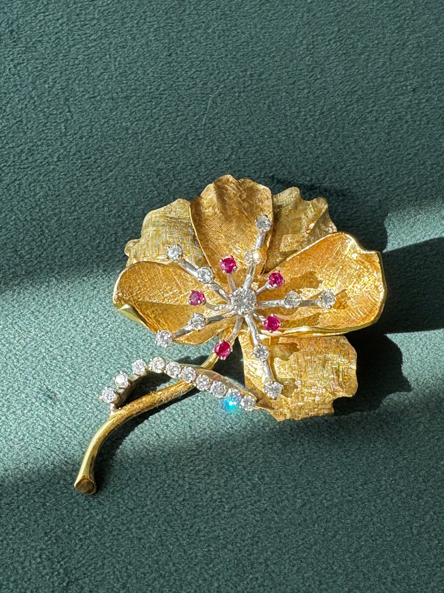 Estate 1950s 18K Gold Ruby Diamond Flower Brooch Pendant