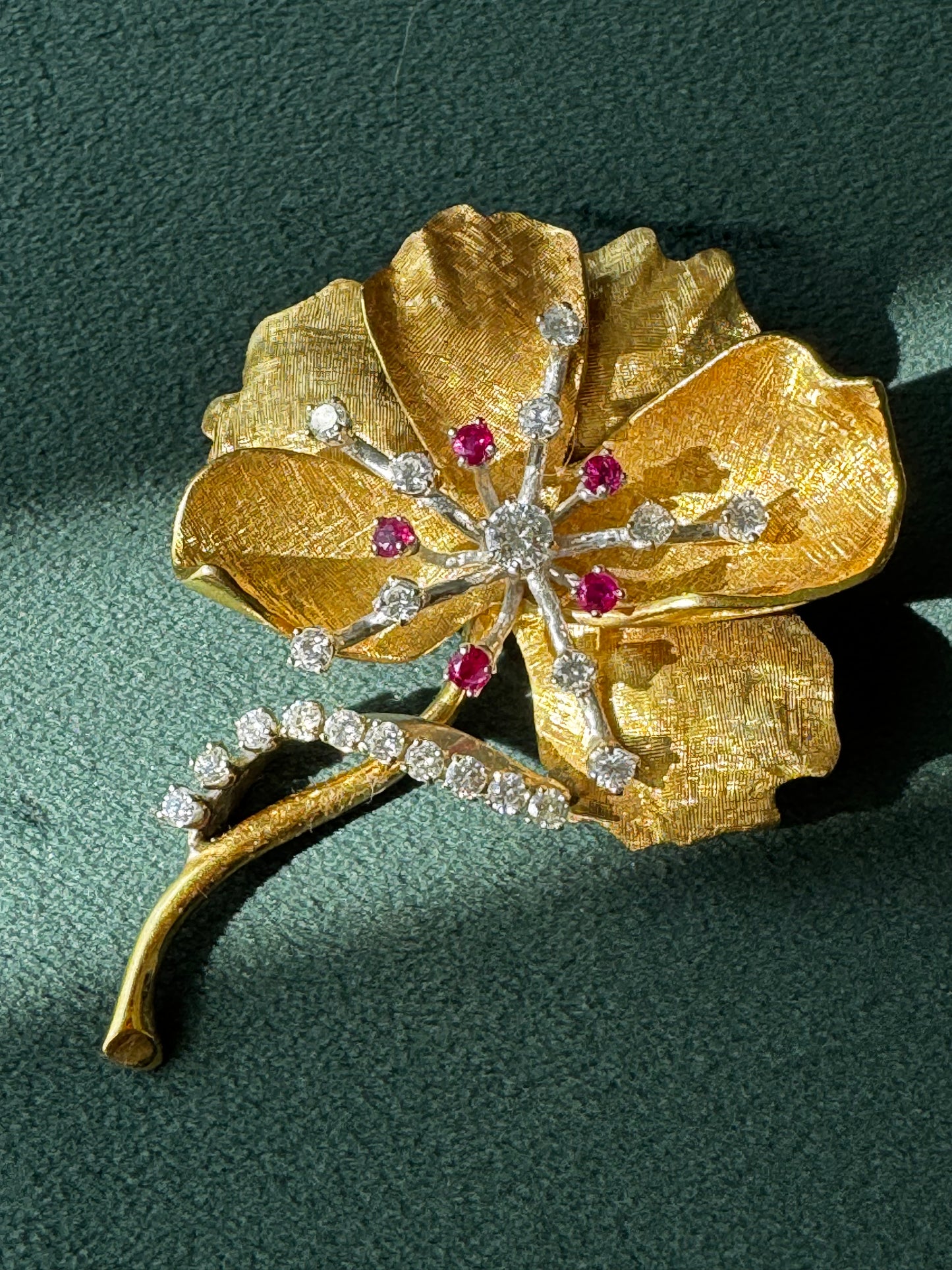Estate 1950s 18K Gold Ruby Diamond Flower Brooch Pendant