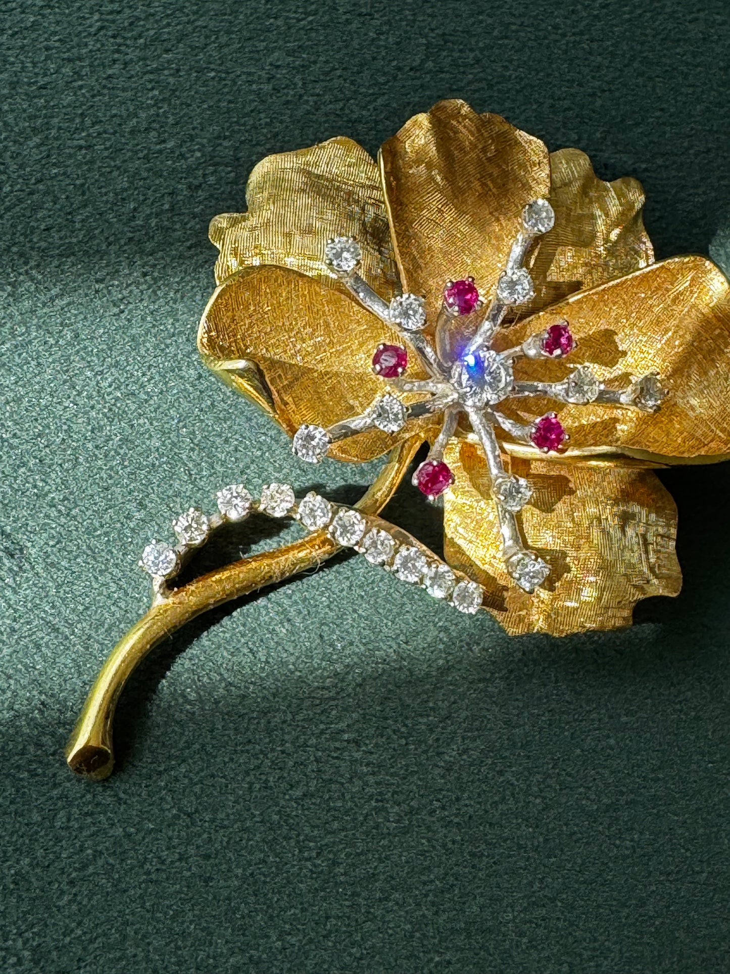 Estate 1950s 18K Gold Ruby Diamond Flower Brooch Pendant