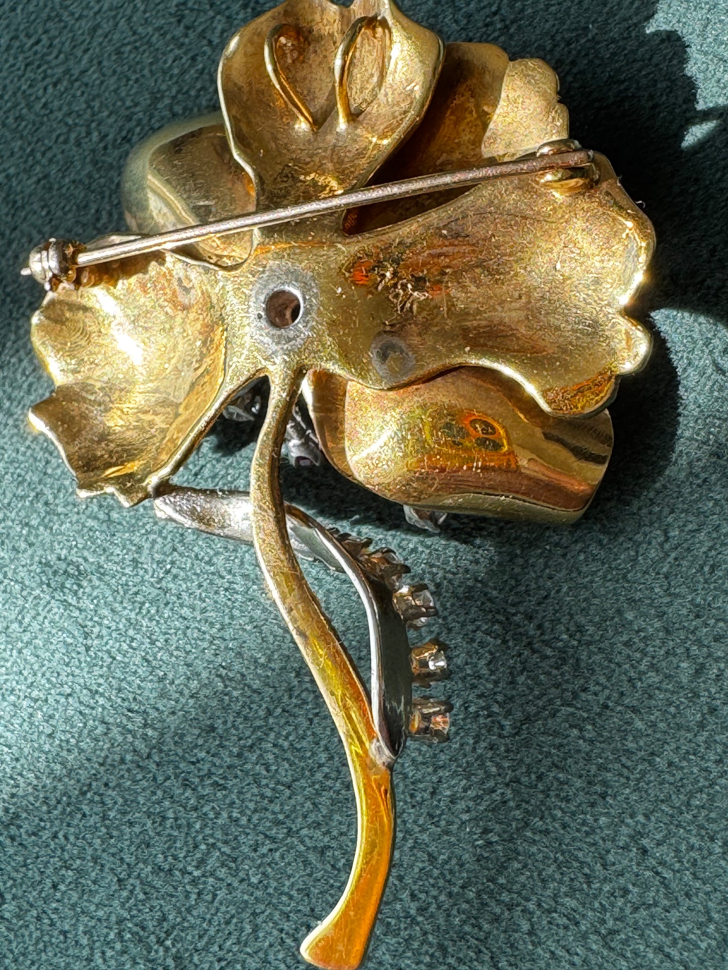 Estate 1950s 18K Gold Ruby Diamond Flower Brooch Pendant