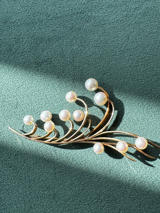 Vintage 14K Gold Cultured Pearl Spray Brooch 8.6g Mid-Century Flowing Design